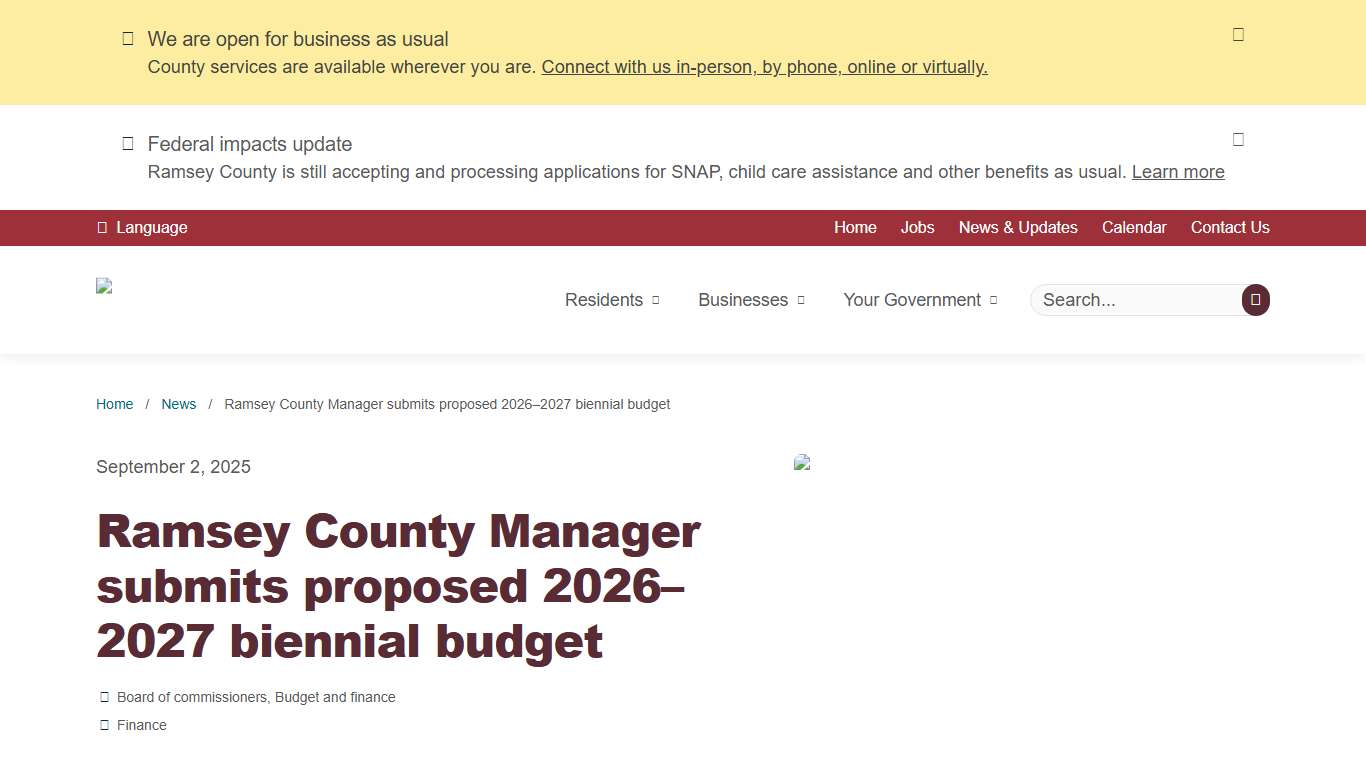 Ramsey County Manager submits proposed 2026–2027 biennial budget | Ramsey County, Minnesota